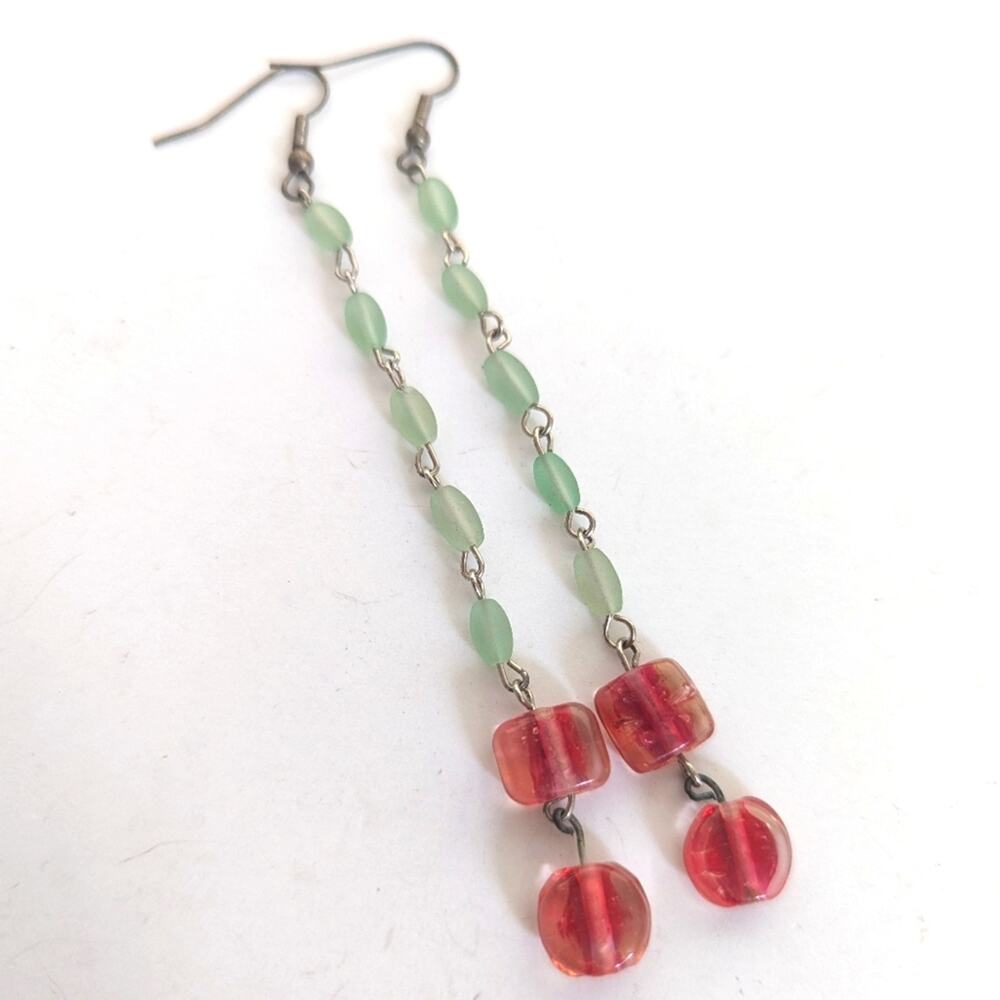Artisan Handmade Art Glass Long Dangle Drop Boho Festival Hippie Hook Earrings